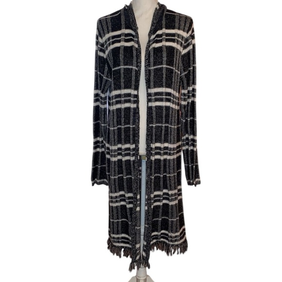 FADED GLORY Plaid Hooded Long Duster Fringed Cardigan BLK/WHT/GRY Size LG 12-14 - Picture 1 of 7